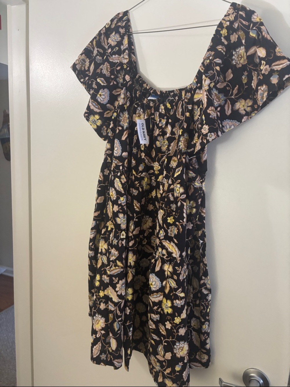 Old Navy Black Floral Square-Neck Puff Sleeve Dress
